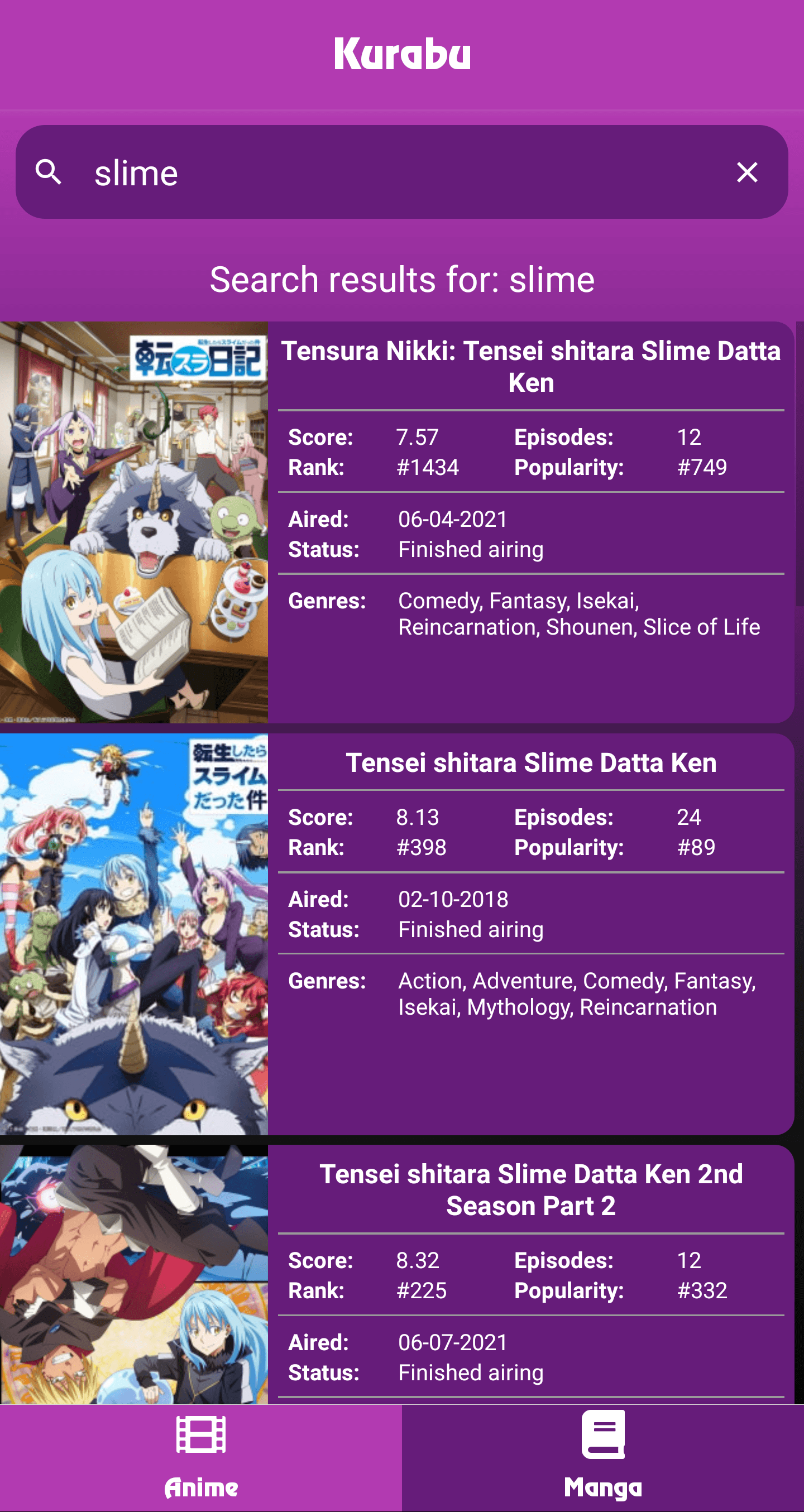 Search page of the app, kurabu, with 'slime' in the search bar.